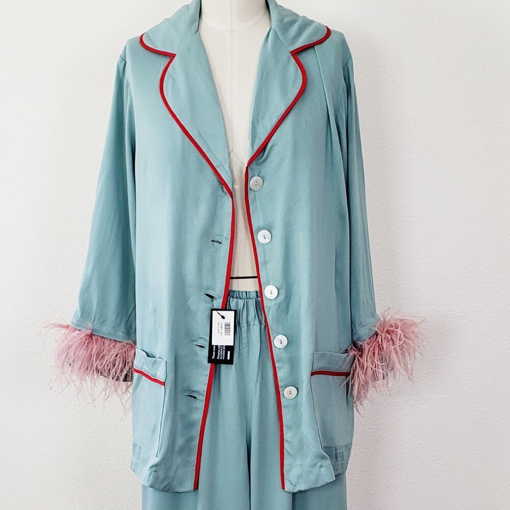 Sleeper Net A Porter Feather Trim Pajama Set  In Blue Sz XS New With Tags